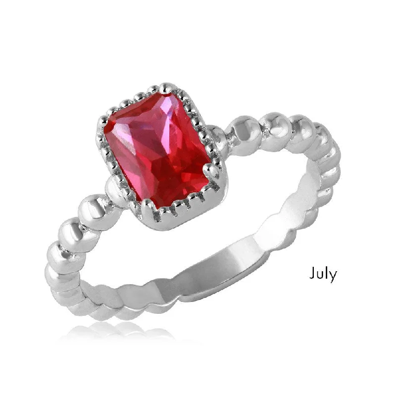 Ladies rings middle finger-July Sterling Silver 925 Rhodium Plated Beaded Shank Square Center Birthstone Ring - BGR01081JUL