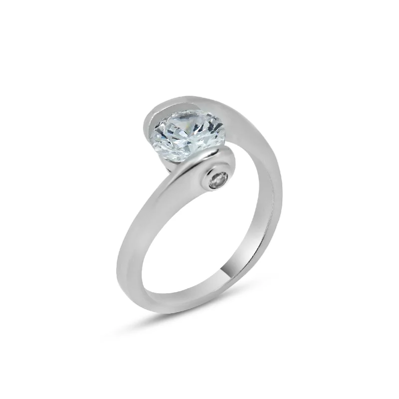 Ladies rings pure silver-Silver 925 Rhodium Plated Clear Round Center CZ Overlap Twist Ring - BGR00392