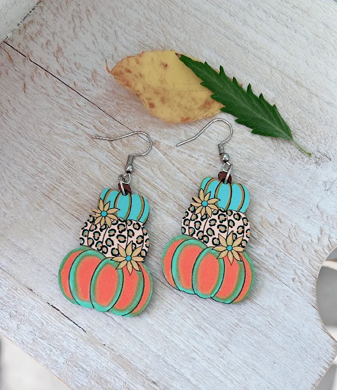 Ladies rings classic looks-Multicolored Wooden Stacked Pumpkin Earrings