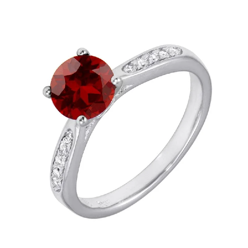 Ladies rings pinky styles-Rhodium Plated 925 Sterling Silver Round Red CZ Center Stone Ring - BGR01231RED