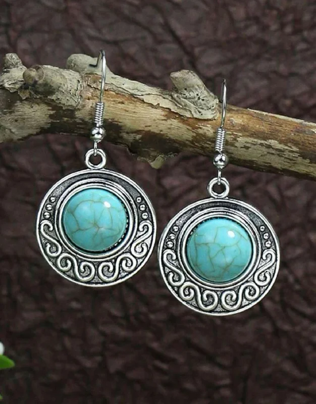 Ladies rings handmade crafts-Round Silver with Turquoise Stone Drop Earrings