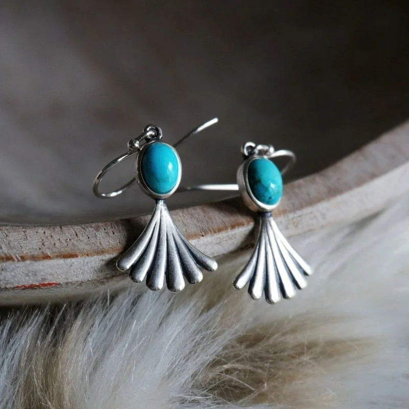 Ladies rings mature styles-Unique Bohemian Silver and Turquoise Oval Bead Dangle Earrings