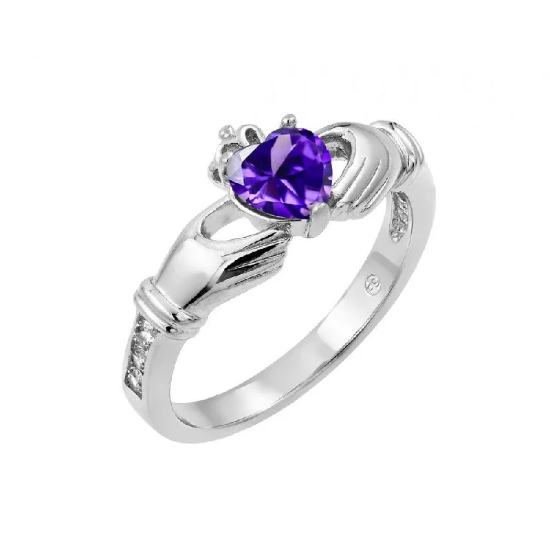 Ladies rings minimalist charm-Silver 925 Rhodium Plated Purple Heart CZ Claddagh Ring - BGR00491PUR