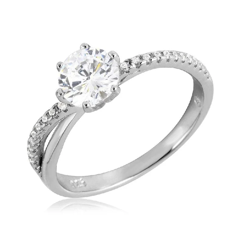 Ladies rings white gold-Silver 925 Rhodium Plated Twisted CZ Shank Round Center Stone Ring - BGR01069