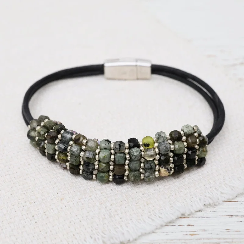 Ladies bracelets engagement gifts-Hand Stitched Prehnite Cubes & Tiny Silver Beads Leather Bracelet