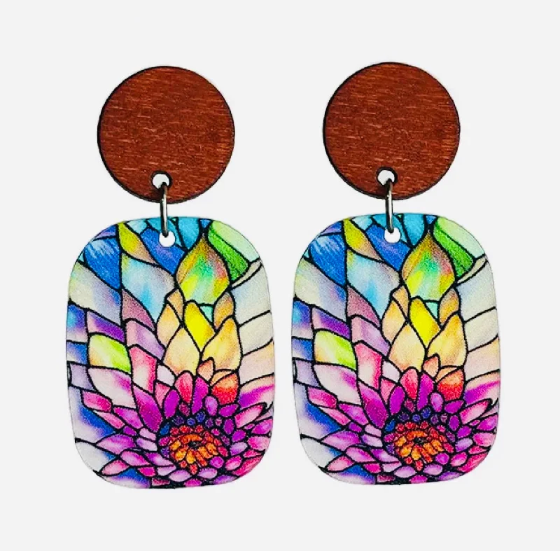 Ladies rings investment value-Beautiful Blooming Flower Stained Glass Acrylic Earrings