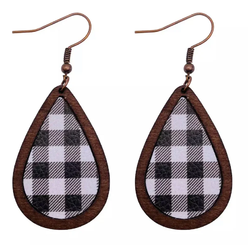 Ladies rings subtle luxury-Black and White Plaid Wooden Drop Earrings