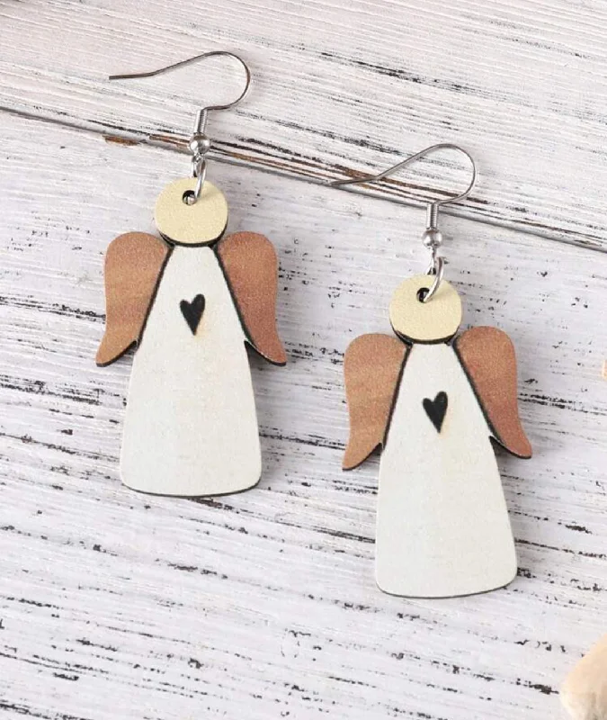 Ladies rings minimalist charm-Double Sided Wooden Angel Earrings