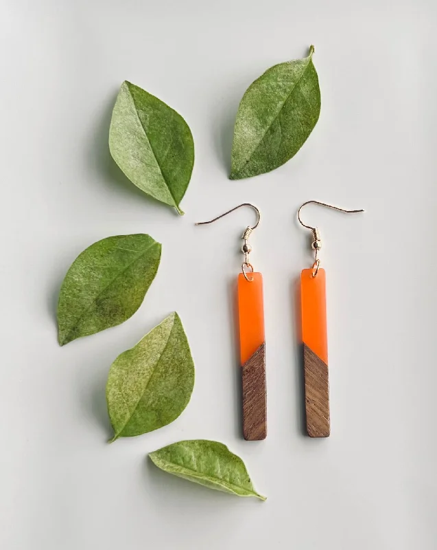 Ladies rings jade charms-Wood and Orange Resin Bar Earrings