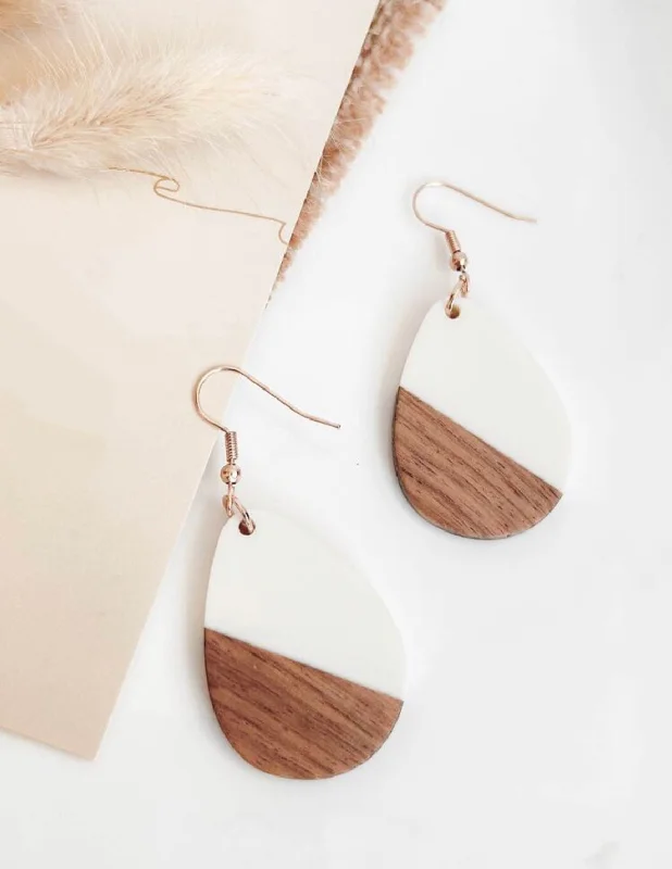 Ladies rings handmade crafts-Beautiful Wood and White Resin Teardrop Earrings