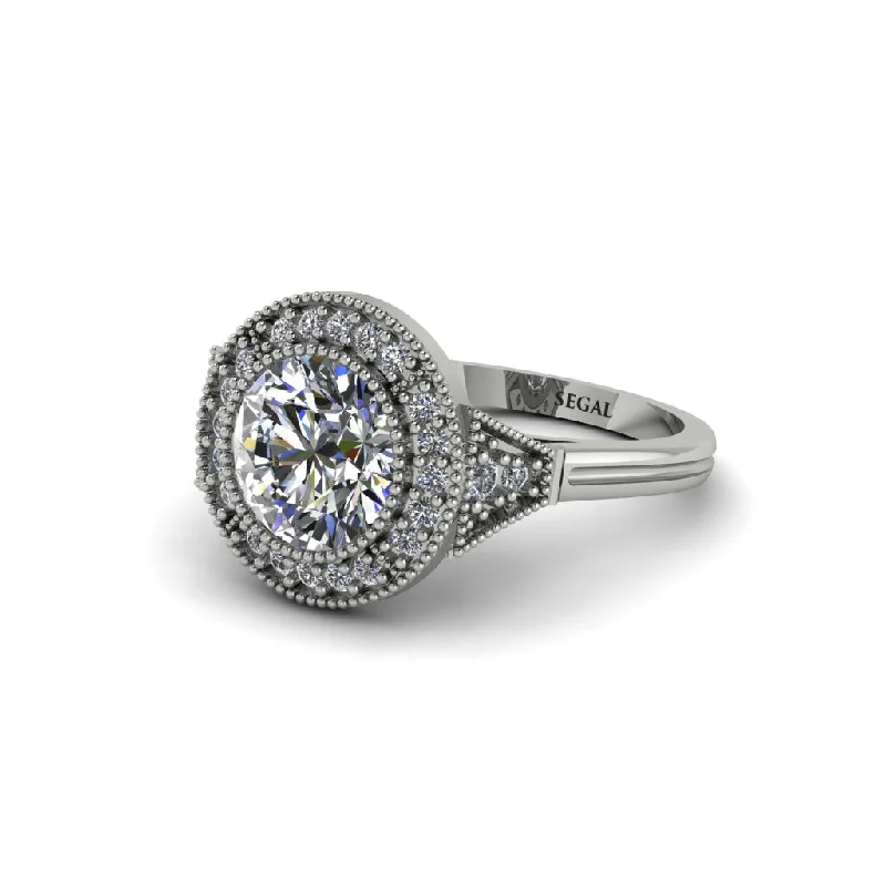 Ladies engagement rings marquise designs-Round Cut Diamond Milgrain Halo Engagement Ring - Maggie No. 3