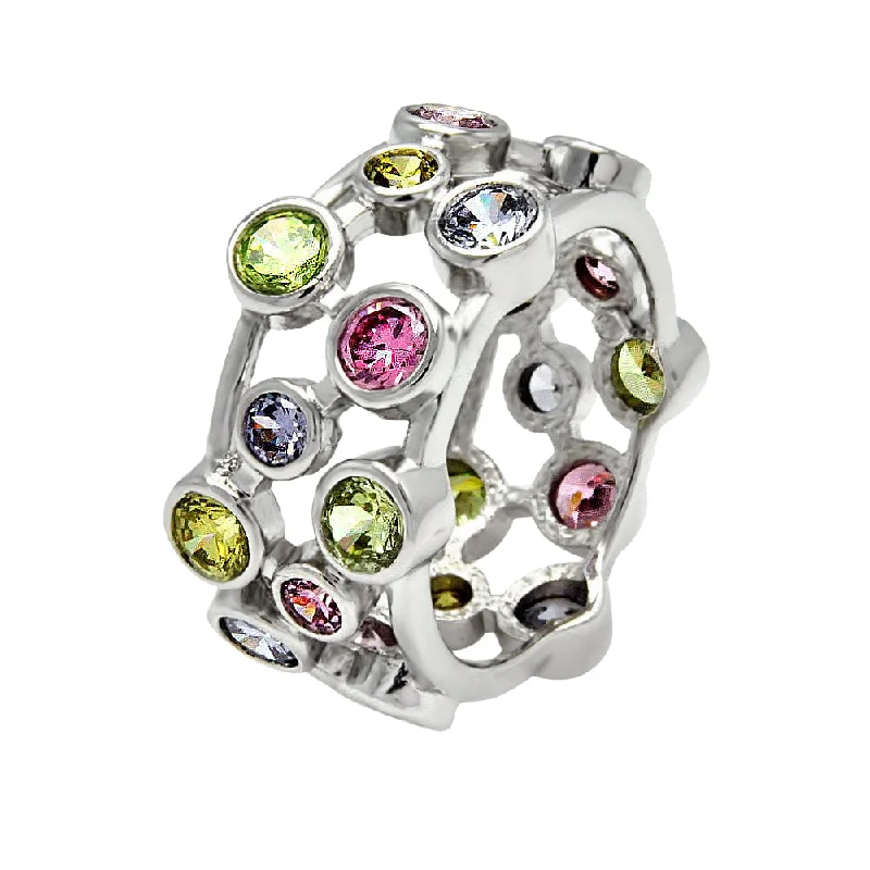 Ladies rings personalized-Clearance-Silver 925 Rhodium Plated Multi Colored CZ Eternity Ring - BGR00373