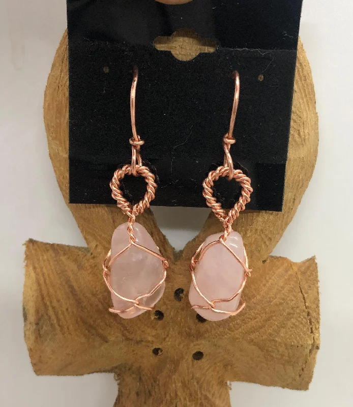 Ladies rings natural gems-Rose Quartz Copper Wirewrapped Earrings