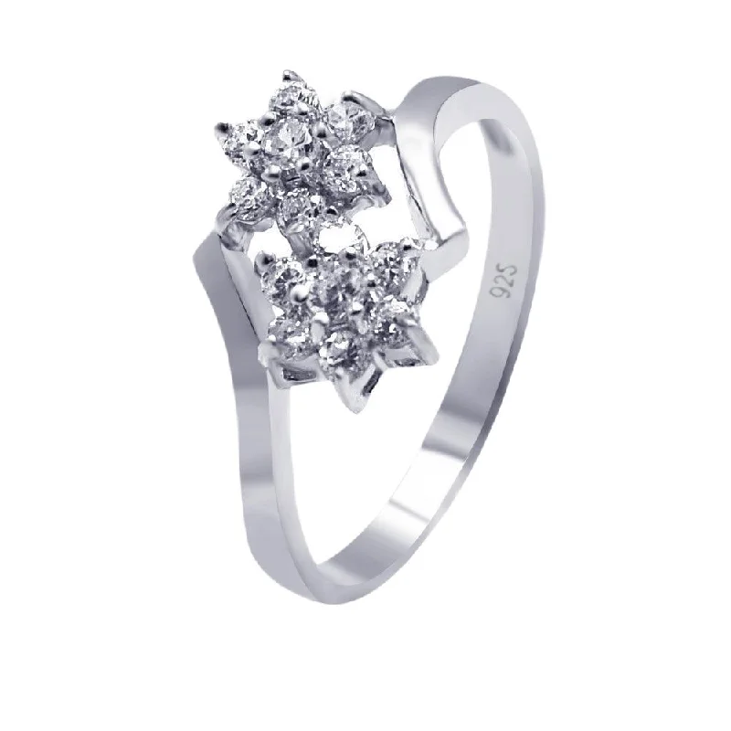 Ladies rings luxury picks-Silver 925 Rhodium Plated CZ Double Flower Ring - AAR0065