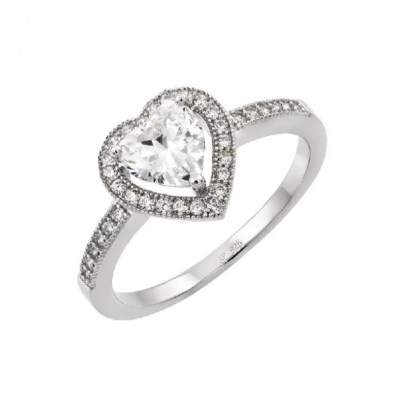 Ladies rings 2025 trends-Silver 925 Rhodium Plated Heart Clear CZ Ring - STR00937