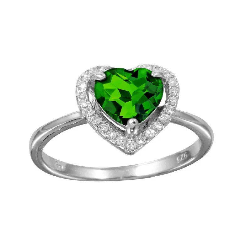 Ladies rings wedding bands-Rhodium Plated 925 Sterling Silver Green Halo Heart Ring - BGR01139GRN