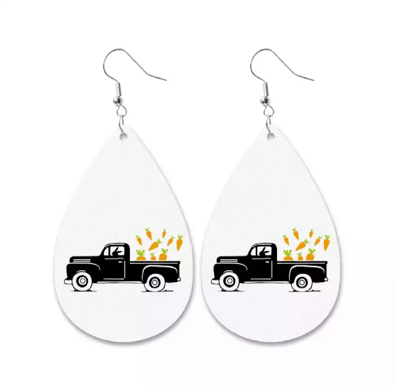 Ladies rings everyday wear-Cute Easter Leather Drop Earrings with Vintage Truck