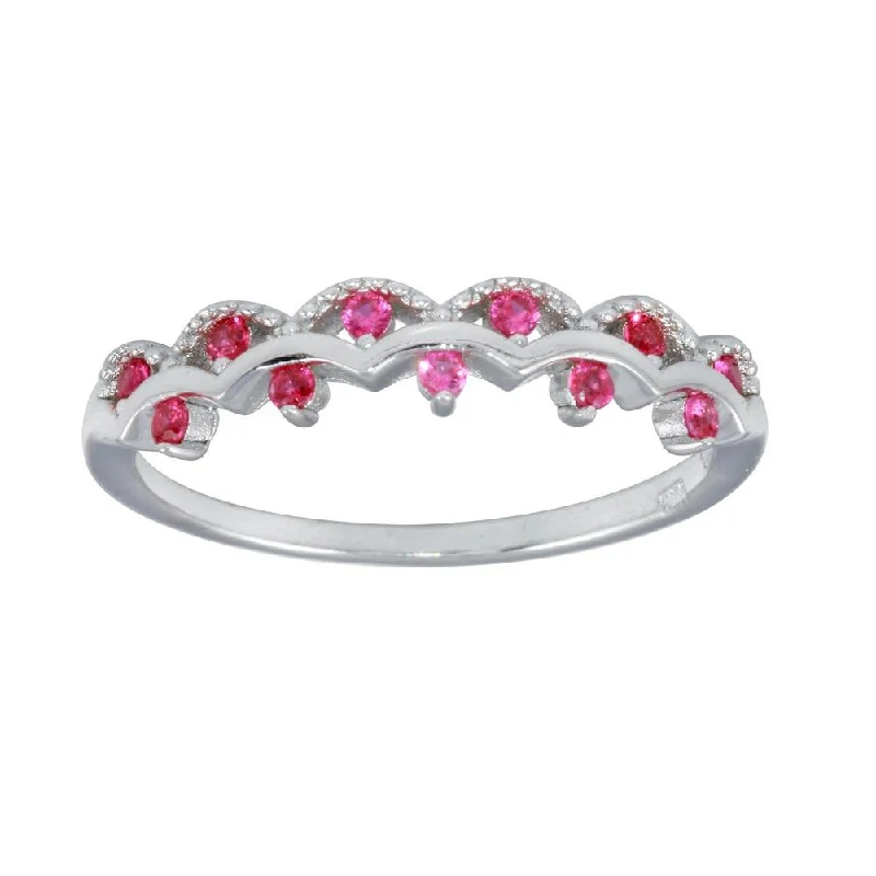 Ladies rings Christmas designs-Rhodium Plated 925 Sterling Silver Wavy Ring with Red CZ - BGR01239RED