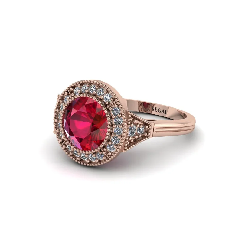 Ladies engagement rings minimalist trends-Round Cut Ruby Milgrain Halo Engagement Ring - Maggie No. 11